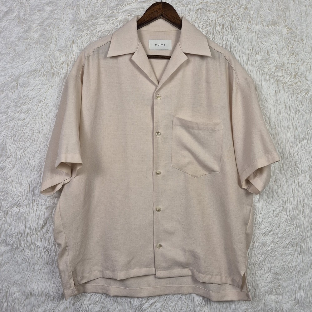 Olive Clothing Beige Cotton Linen Short Sleeve Camp Shirt Mens Large Oversized